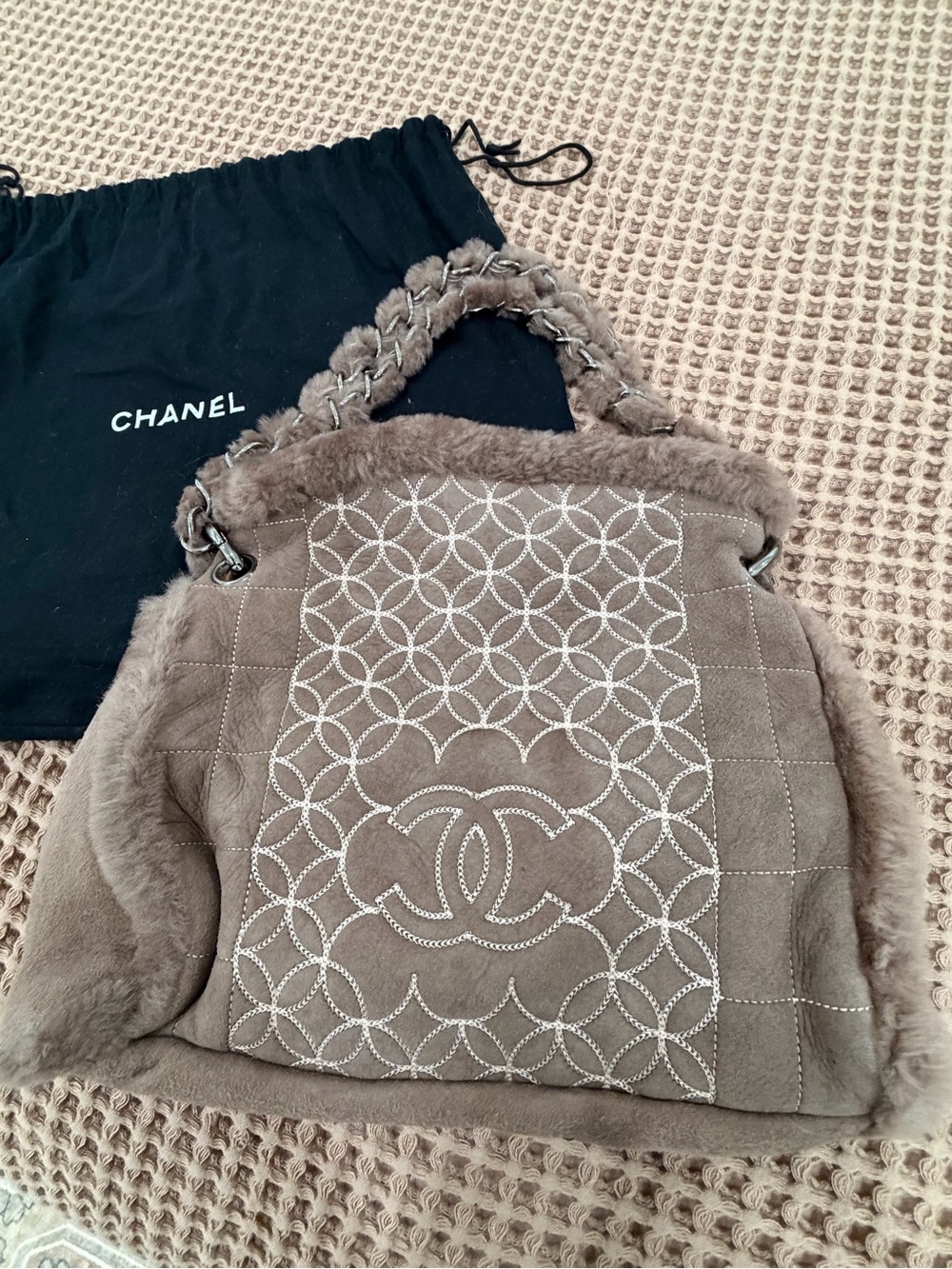 Vintage 2005 CHANEL Taupe Shearling Shoulder Bag with Embroidered CC Panel